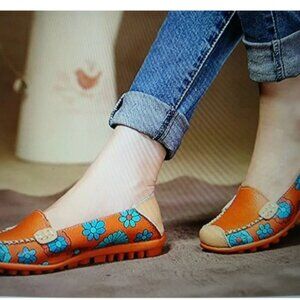 Like New Floral Leather Loafers - Orange and Blue